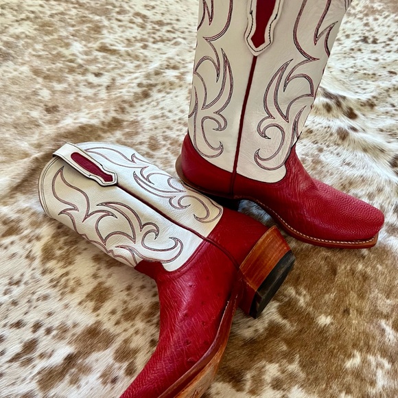 Red and Cream Smooth Ostrich Boots 7.5 B - Picture 5 of 6